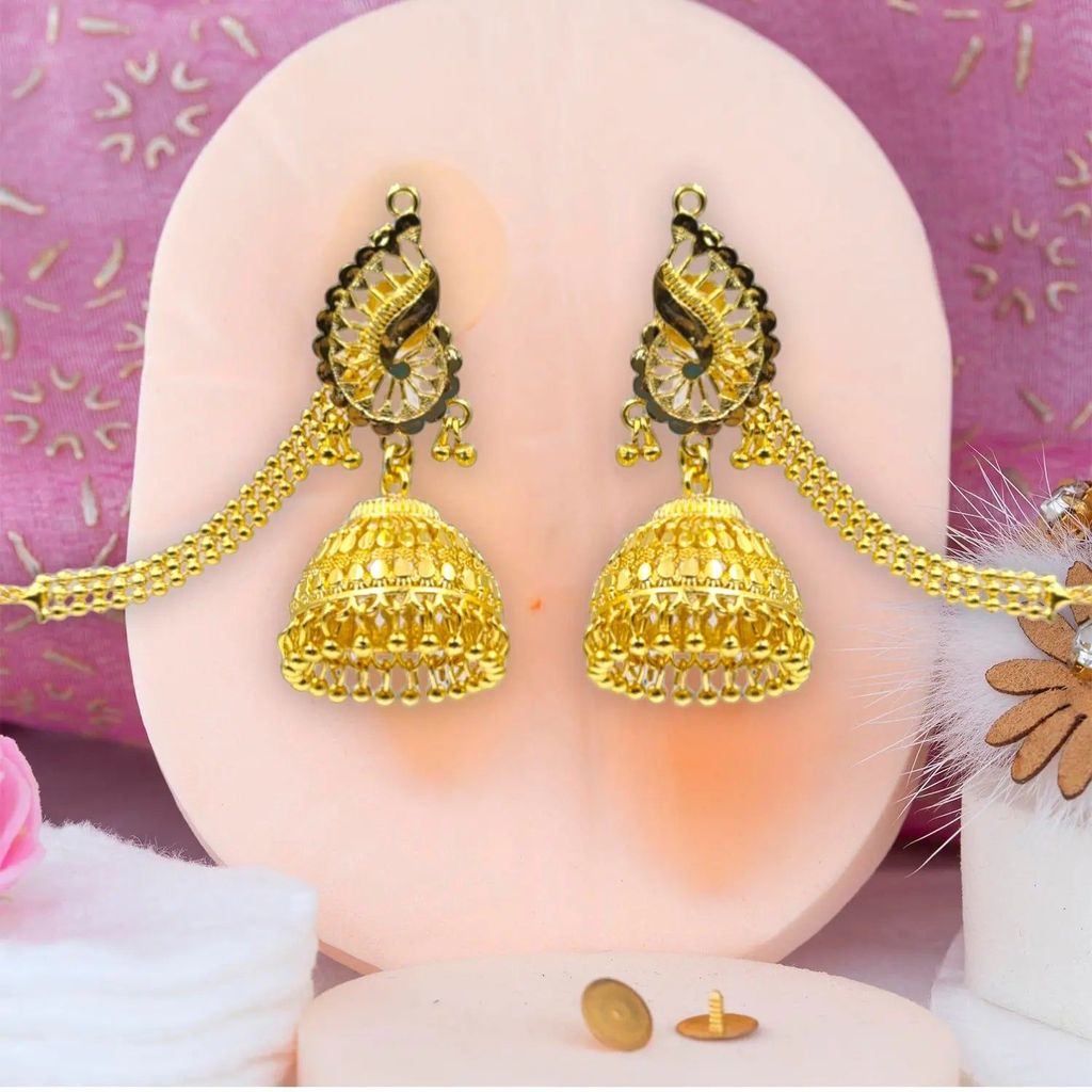 Gold Plated Jhumka Earrings with Hair Chain – Bridal & Ethnic Jewelry