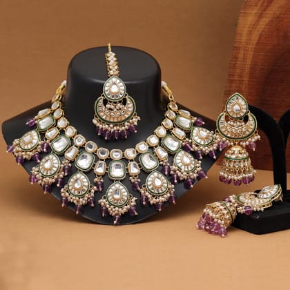 Light Purple Color Kundan Necklace Set (KN1377LPRP)-Adjustable Rope / Purple / Alloy With Good Quality Gold Plated