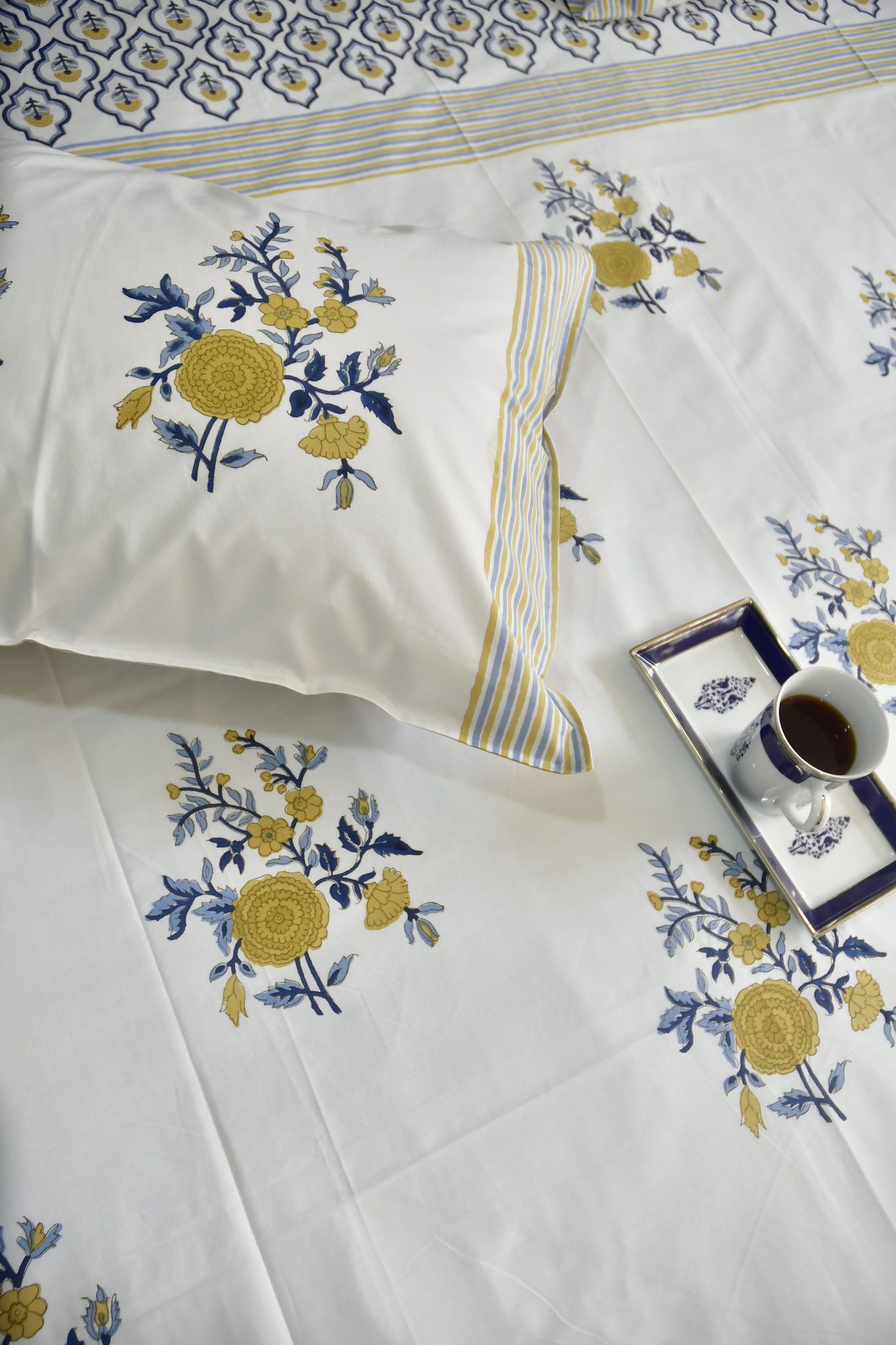 Royal Blue yellow Buta Bedsheet : Super King (108 x 108) inches bedsheet