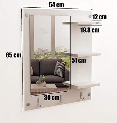 DAS Wall Mount Makeup Vanity Dresser Dressing Mirror/Glass/Table and Multipurpose Rack Shelves with Elegant Double Stainless Steel Hooks (White)- Evelyn, Rectangular, Wall Mount DAS Wall Mount Makeup Vanity Dresser Dressing Mirror/Glass/Table and Multipurpose Rack Shelves with Elegant Double Stainless Steel Hooks (White)- Evelyn, Rectangular, Wall Mount