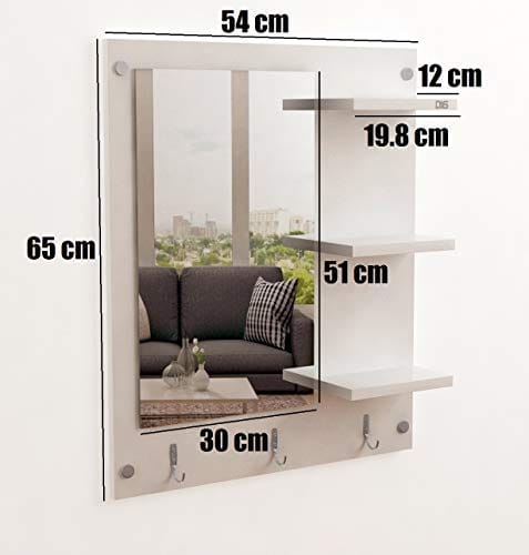 DAS Wall Mount Makeup Vanity Dresser Dressing Mirror/Glass/Table and Multipurpose Rack Shelves with Elegant Double Stainless Steel Hooks (White)- Evelyn, Rectangular, Wall Mount