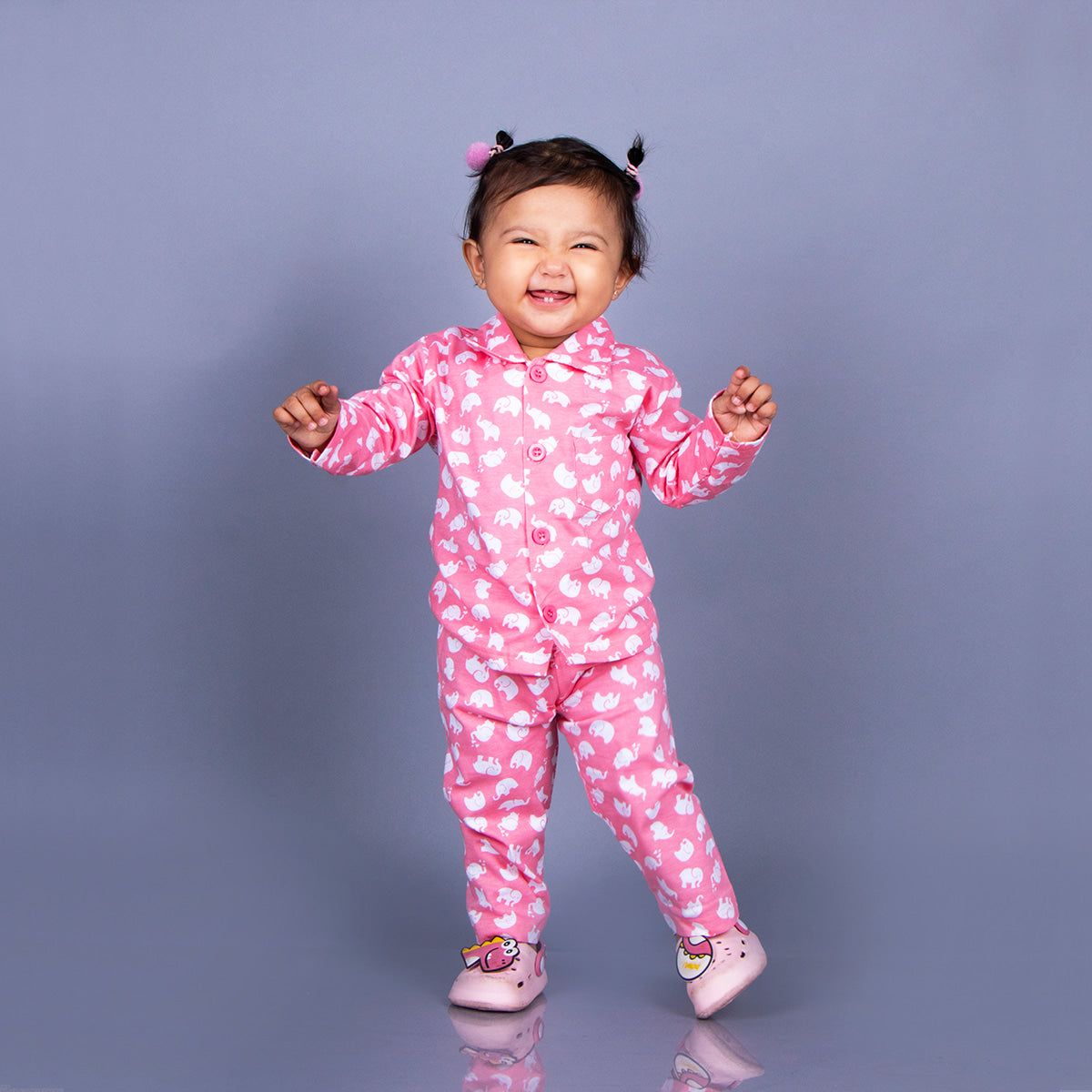 Full Sleeves Baby Elephant Printed Night Suit for Baby/Kids - Pink 6-12 Months-6-12 Months