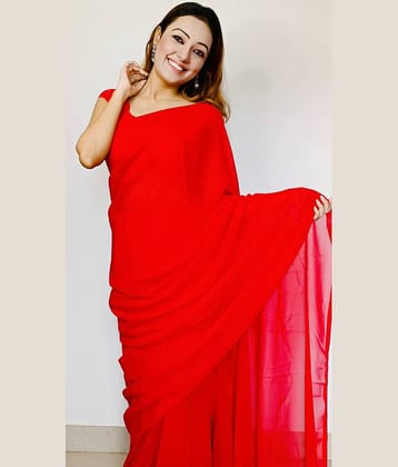 ANAND SAREES Georgette Solid Saree With Unstitched Blouse Piece ( Red )