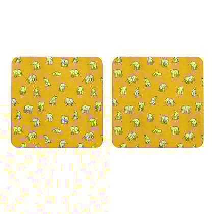 Multicolor Cute Lil Elephants Set Of 2 Square Wooden Coaster