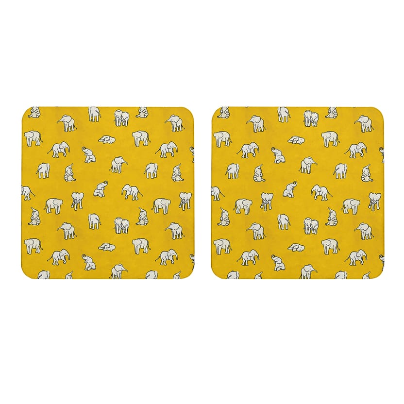 Multicolor Cute Lil Elephants Set Of 2 Square Wooden Coaster