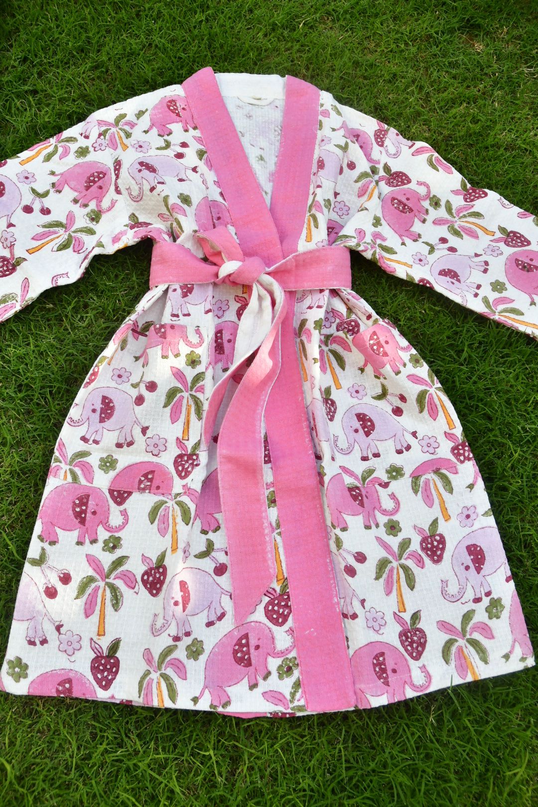 Kids Handblock Premium Cotton Bathrobe Pink Elephant pattern Extra Large (8-10 years)