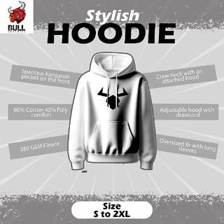Bull Clothing Mid Logo Oversized White Hoodie for Men  Premium Cotton Comfort  Streetwear Style (L)