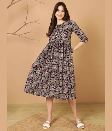 Antaran Women Cotton Printed Fit & Flare Dress ( Black )