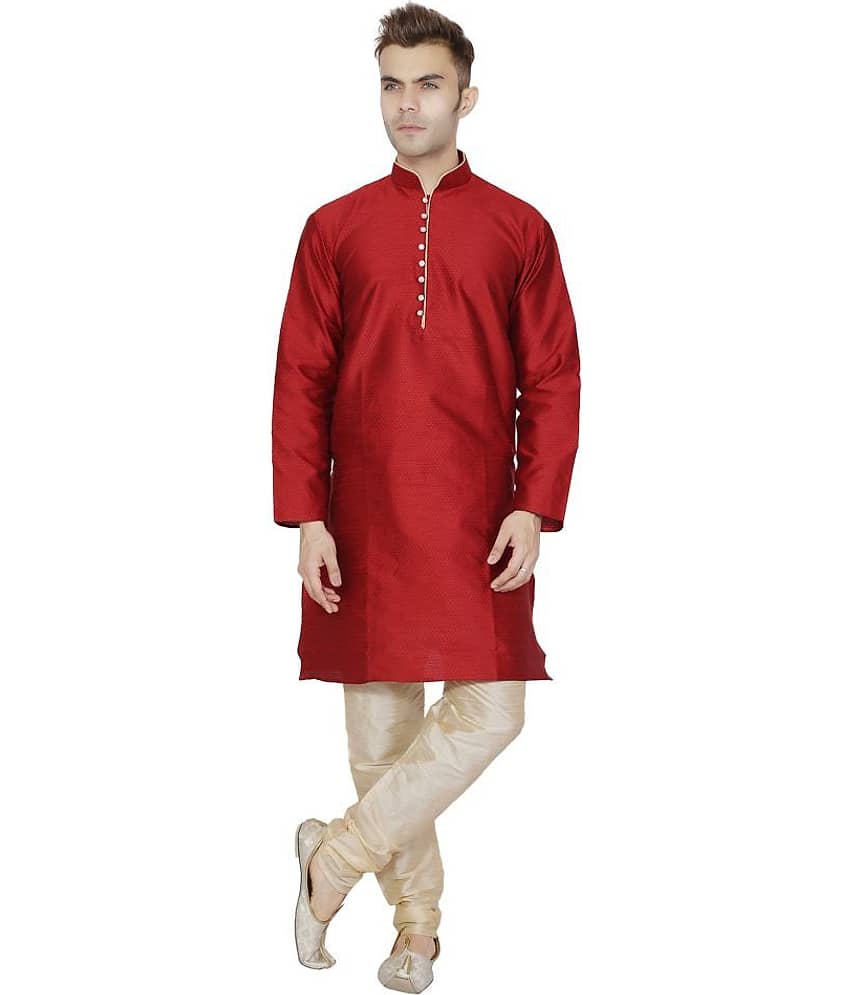 SKAVIJ Red Silk Blend Kurta Pyjama Set
