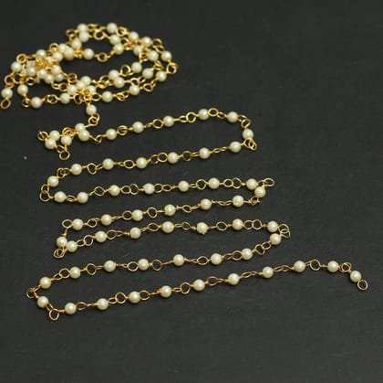 3mm Acrylic Pearl Beaded Aati Chain in Long Lasting Brass Wire-Golden / 3mm / 50 Meters