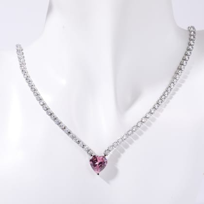 Heart Solitaire Silver Pink Cubic Zirconia Crystal Stainless Steel Anti Tarnish Necklace Chain For Women