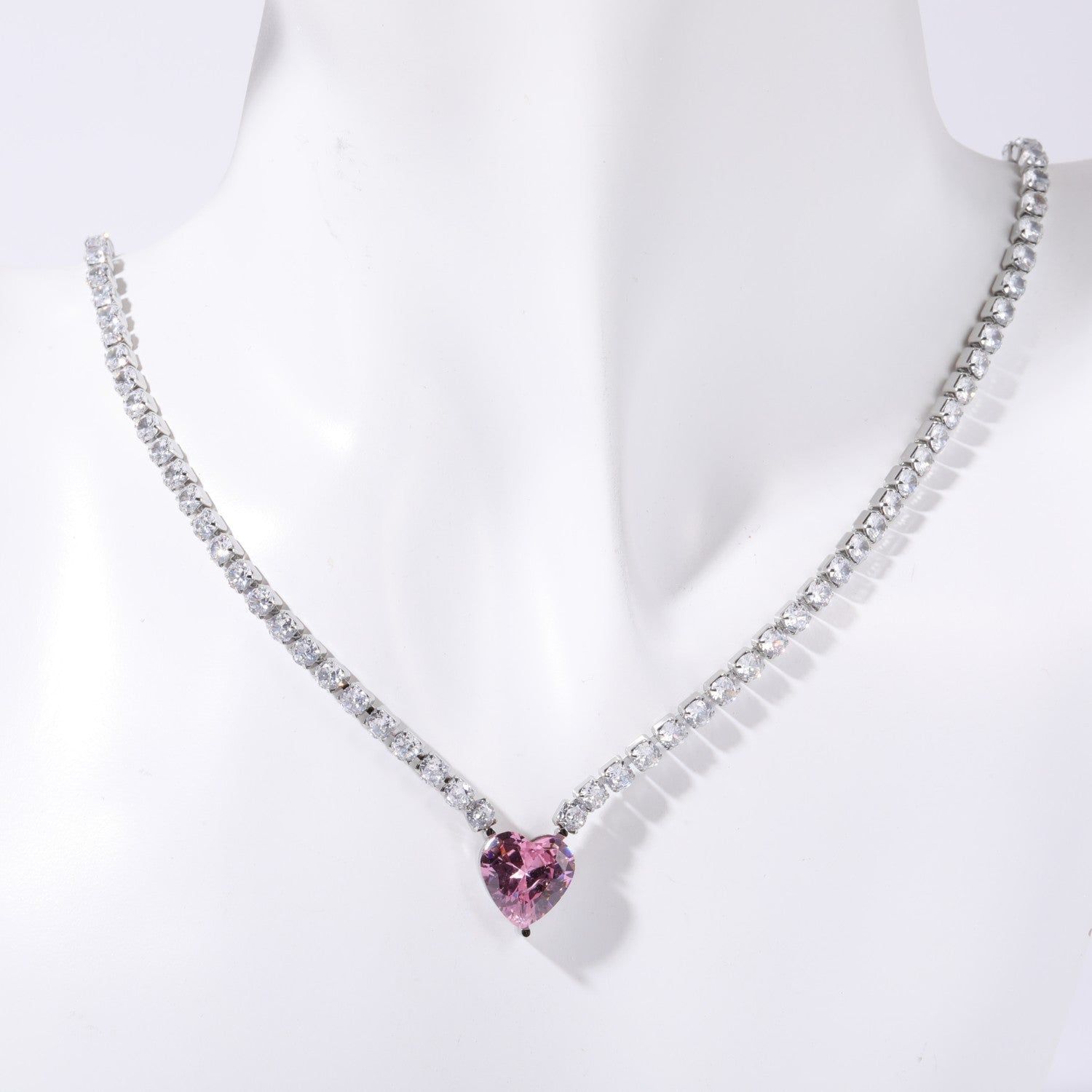 Heart Solitaire Silver Pink Cubic Zirconia Crystal Stainless Steel Anti Tarnish Necklace Chain For Women