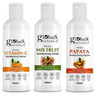 Globus Naturals Body Lotion Combo (Set of 3) -  Vitamin C, Mix Fruit & Papaya, Lightweight Moisturizer for A Skin Types