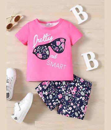 CUTEVIBE Pack of 1 Girls Cotton Blend Top With Shorts ( Deep Pink )