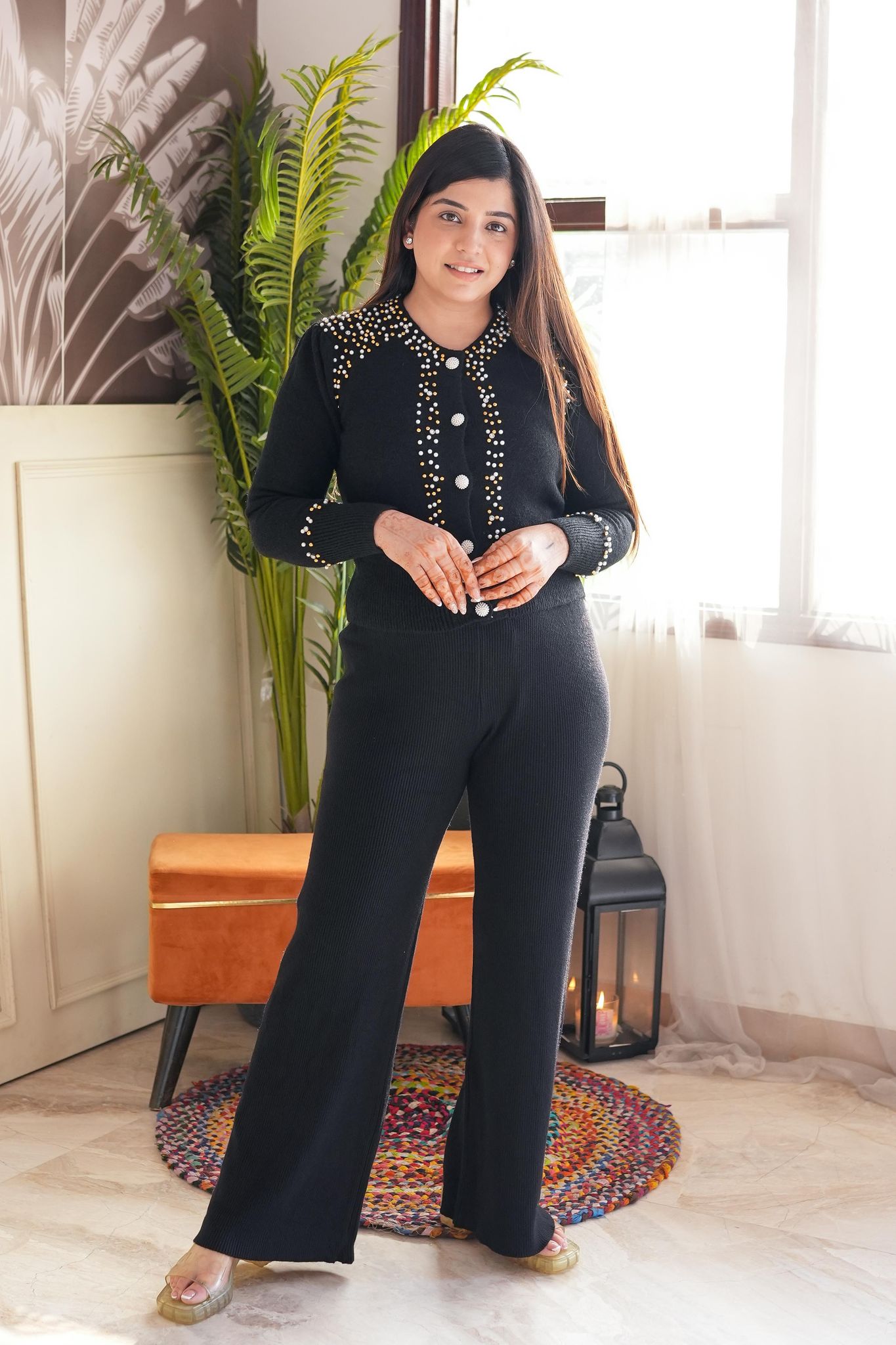 Jacky Black Crystal Embellished Button up Sweater-One size