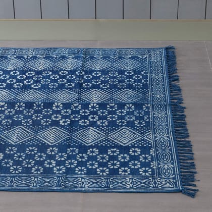 Hand Block Printed Indigo Rug - 6x4-6ft x 4ft / 72inches x 48inches / Indigo / 100% Cotton