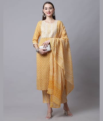 Rajnandini Cotton Embroidered Kurti With Pants Women's Stitched Salwar Suit - Yellow ( Pack of 1 )