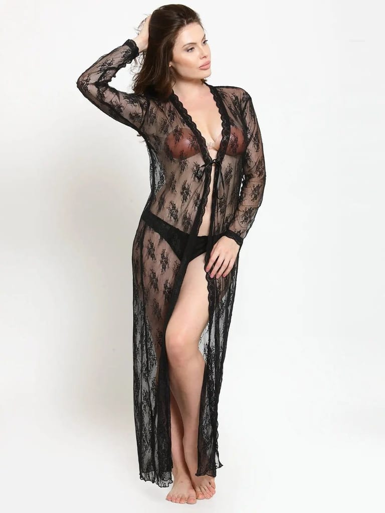 Women Open Front Long Sleeves Floral Sheer Full Length Bridal Night Robe - Nightwear & Loungewear | Buy online on ZillyBuy