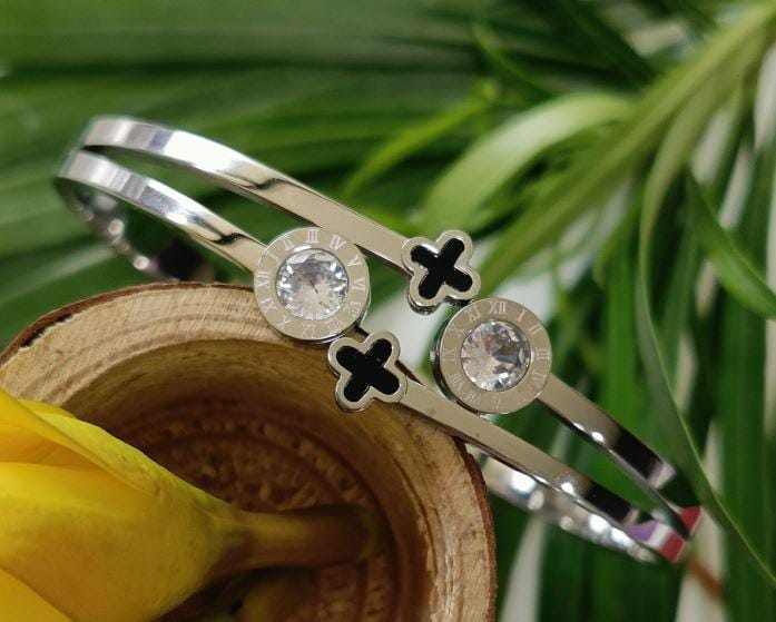 Stainless Steel Rosegold/Silver Plated Roman Numerals &amp; Multi Clover Kada- STKD 2653