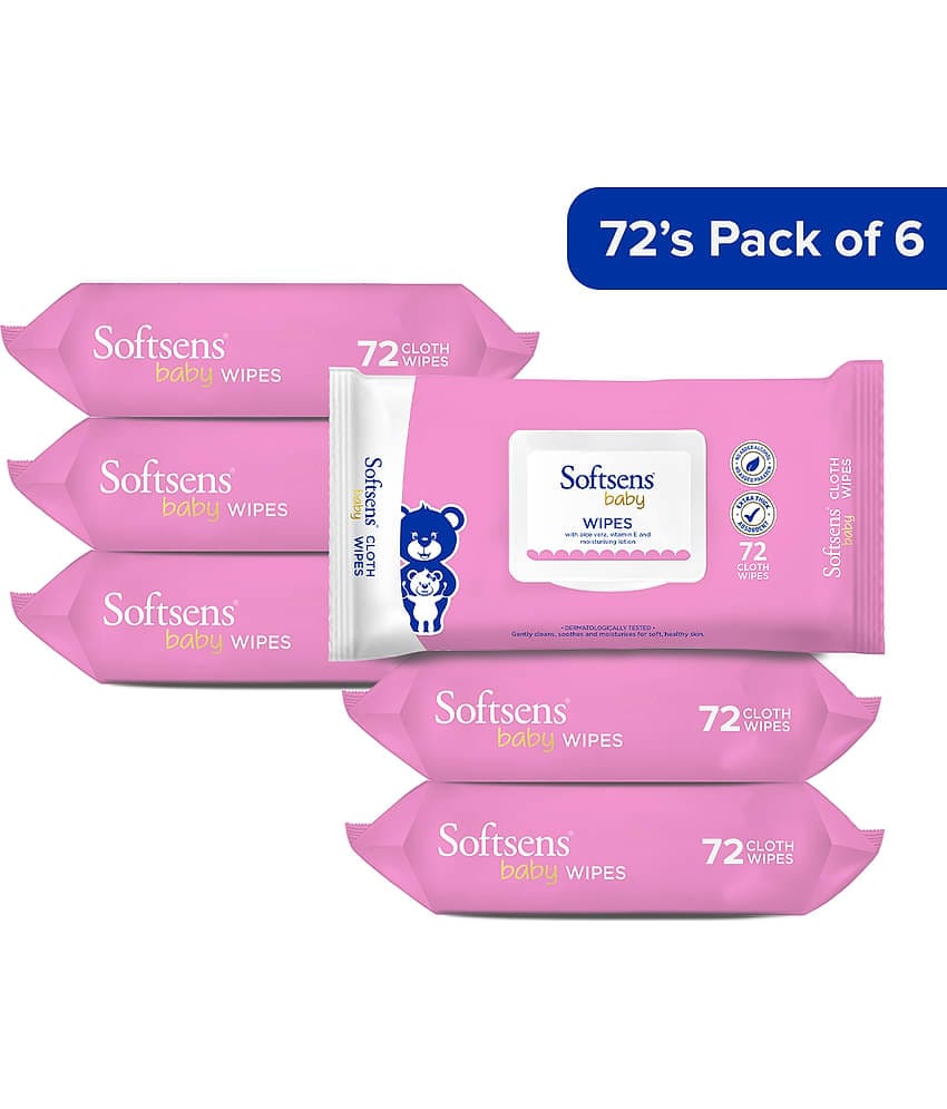 Softsens Baby Gentle Cloth Wipes Enriched with Aloe Vera , Vitamin, 72 Wipes, Pack of 6