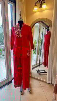 Red Cotton Linen full sleeve short kurta set-XXS