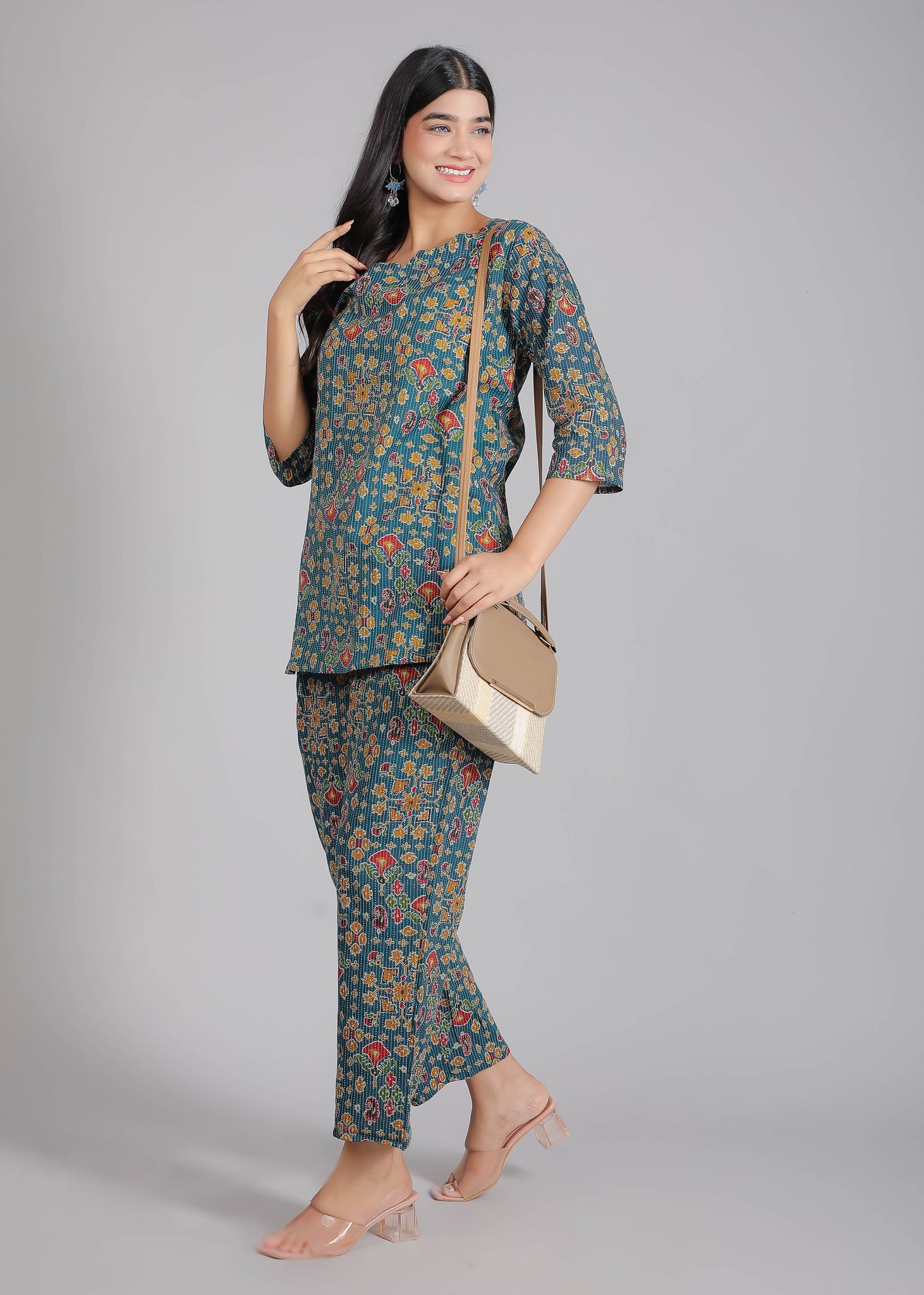 Flowers on Dark Blue Cotton Lounge Set for Women-S