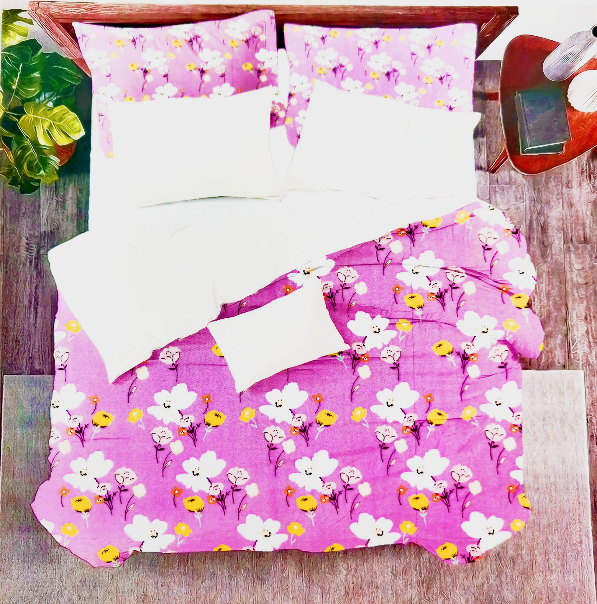 Omkar by R3 Inc. Cotton Blend 250 TC Printed Multicolor Double Bedsheet with 2 Pillow Covers – 90 X 100 Inches (7.5 x 8.3 Feet)(Multicolor Pink Floral)