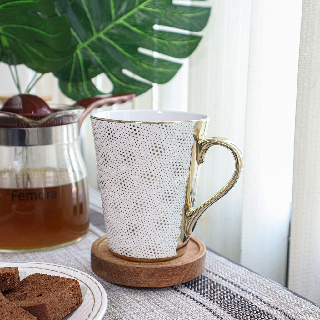 Femora Fine Bone China White-Golden Coffee Mugs, Tea Mugs, Ceramic Tea Cups (330 ml, White/Golden) - 3 Pcs Set
