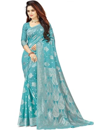 Today Deal Cotton Woven Saree With Unstitched Blouse Piece ( Light Blue )