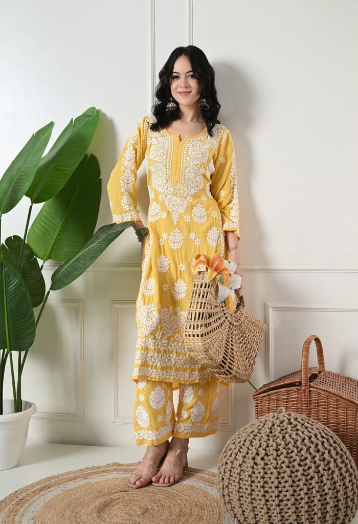 Hand Embroidered Chikankari Modal Plazo Set 3d Work-Yellow
