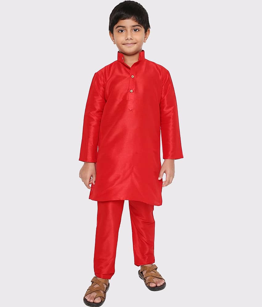 Maharaja Boys Silk Solid - Pattern Kurta Pant Set ( Red , Pack of 1 )