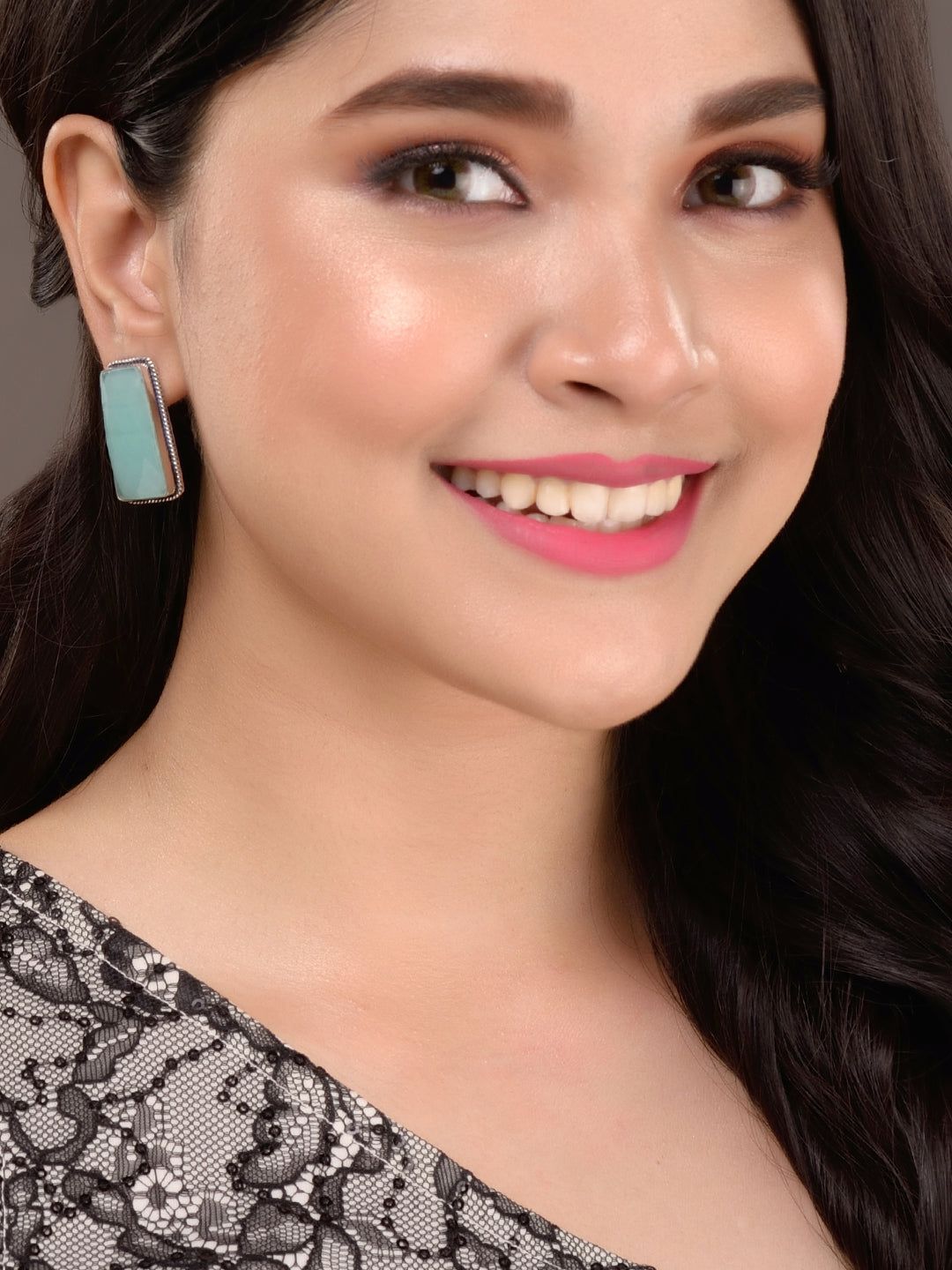 Silver Plated Aqua Turquoise Stone Studs Earrings