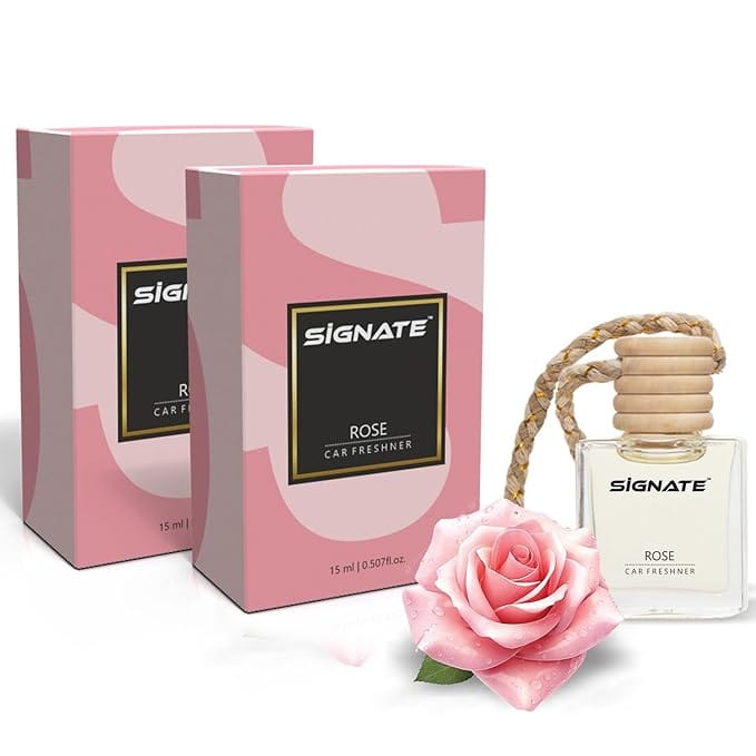 Signate Car Perfume with Natural Fragrance Essential Oils | Car Air Fresheners Long Lasting Upto 90 Days | Hanging Pod in Glass Bottle with Wooden Diffuser Lid  15ML (Rose) (Pack of 2)