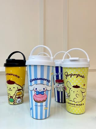 Tumbler with handle | Quirky Flask | Sanrio Tumbler (1pc)-Yellow pompompurin polka