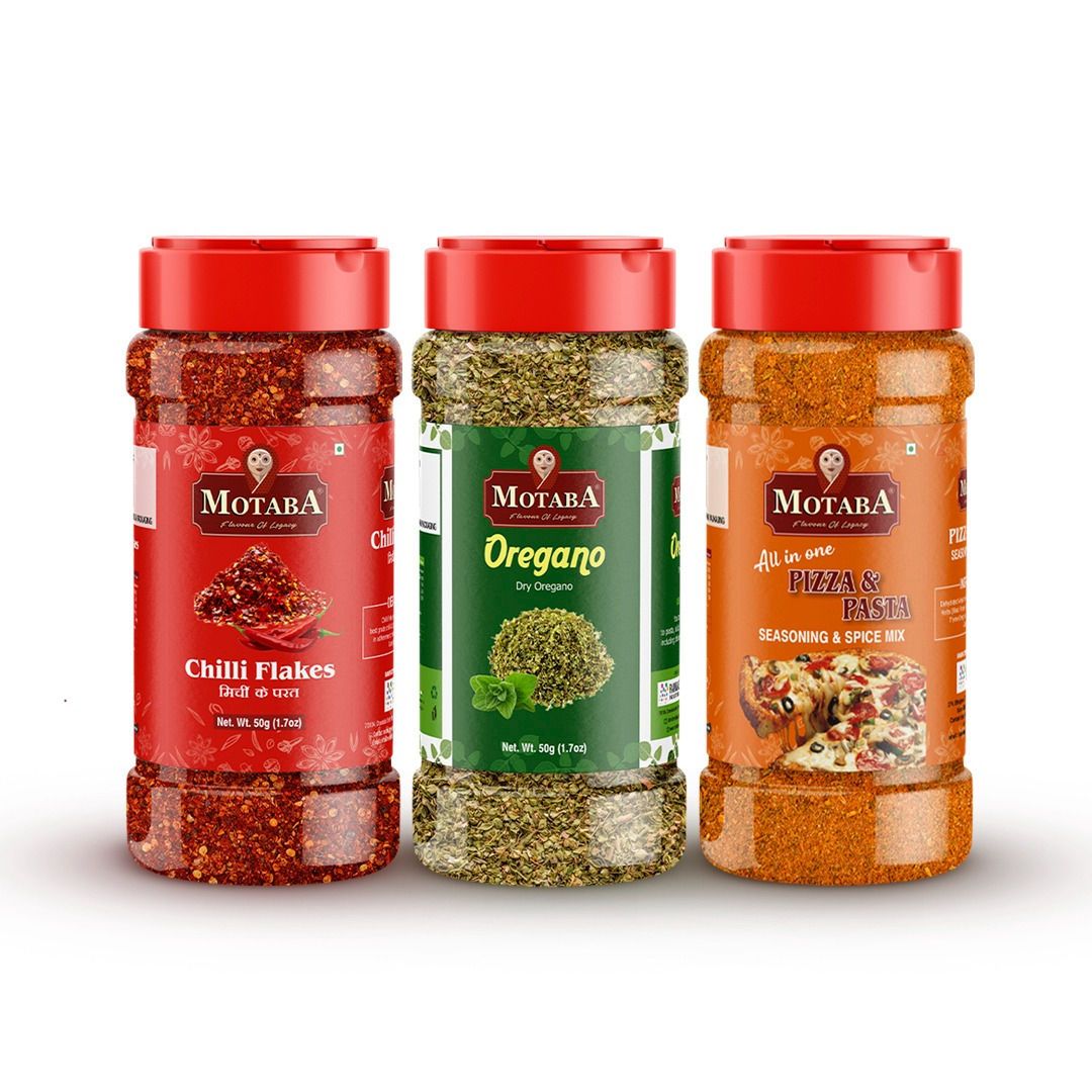 MOTABA Masala Flakes Combo Pack (Chilli Flakes 50 gm, Dry Oregano 50 gm & Pizza-Pasta Seasoning 70 gm) - Pack of 3