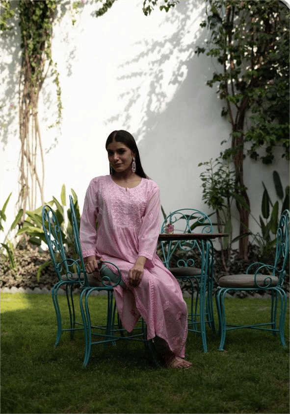 Nyra cut muslin silk Chikankari kurta