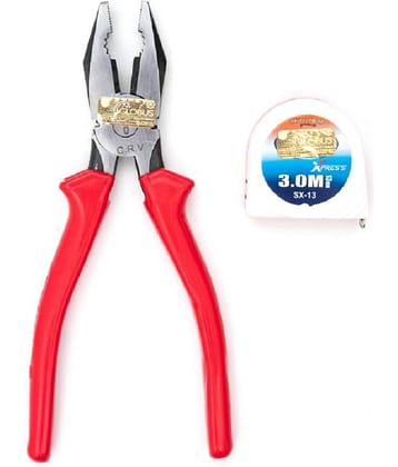 GLOBUS 1449 STEEL HAND TOOL SET/2 PCS ( 8" COMBINATION PLIER, RED AND MEASURING TAPE 3 MTR/ 10 FEET AND 120 INCH.)