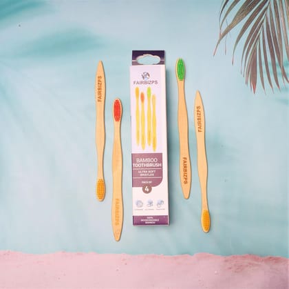 FAIRBIZPS Bamboo Toothbrush Set - Pack of 4, Soft Bristles, BPA-Free, Antibacterial, Biodegradable Handle - Eco-Friendly Oral Care Kit for Kids and Adult
