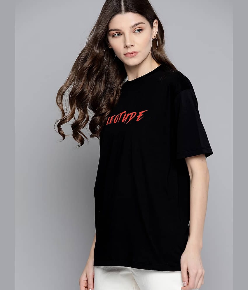 Leotude Women Cotton Blend Printed Oversized Fit Round Neck T-Shirt ( Black )