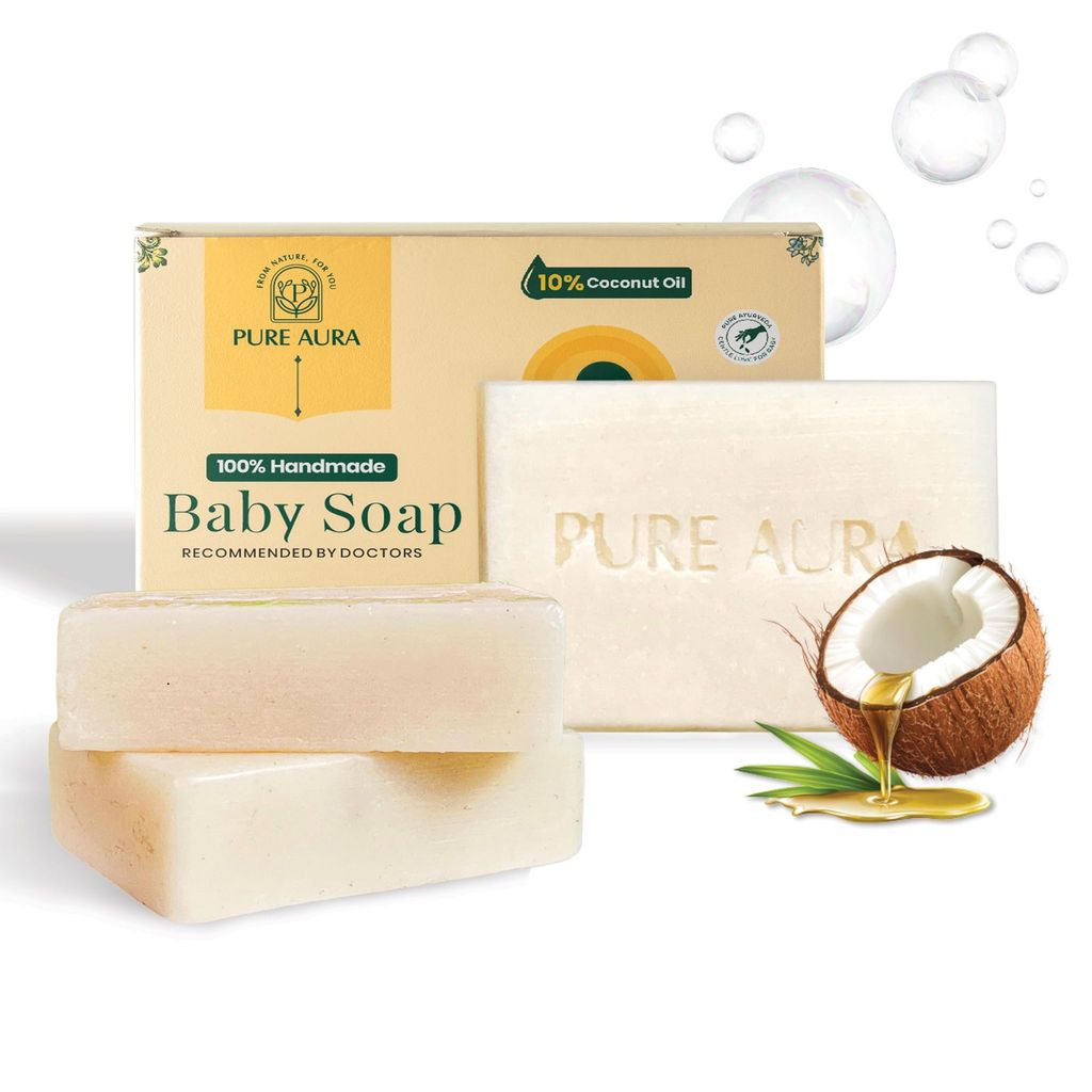 Pure Aura Handmade Baby Soap 100g (Pack of 2) | 10% Coconut Oil, Shea Butter & Jojoba Oil | Gentle, Chemical-Free Soap for Sensitive Baby Skin | Moisturizing & Nourishing Care