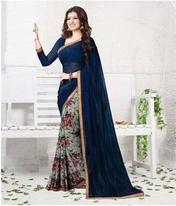 Gazal Fashions Georgette Printed Saree With Unstitched Blouse Piece ( Blue,Grey )