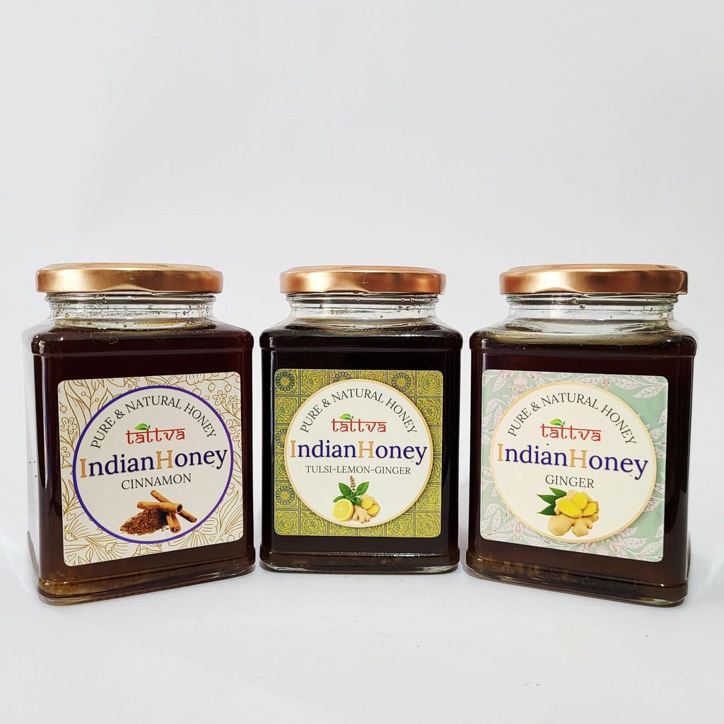 IndianHoney Cinnemon, Ayurvedic & StressRelief Tulsi Infused Honey, & Ginger Honey collection (pack of 3)500 * 3 GM