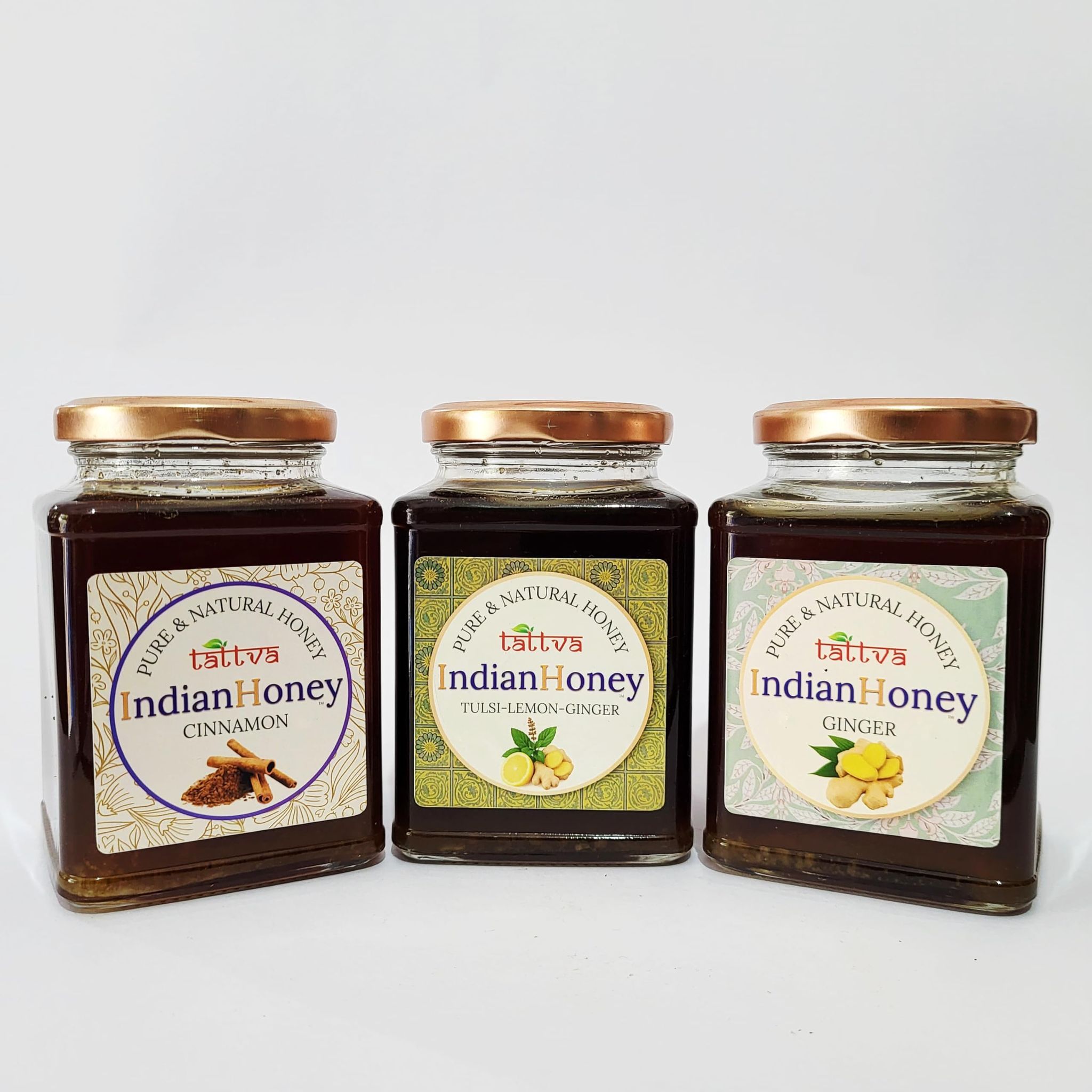 IndianHoney Cinnemon, Ayurvedic & StressRelief Tulsi Infused Honey, & Ginger Honey collection (pack of 3)500 * 3 GM