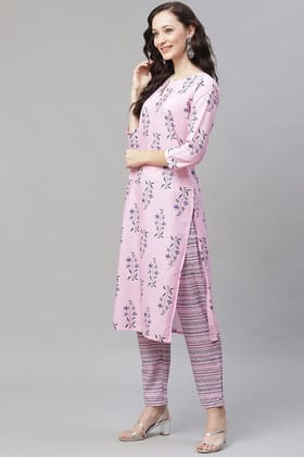 Pink Polyester Floral Print Straight Suit Set PKSKD1045