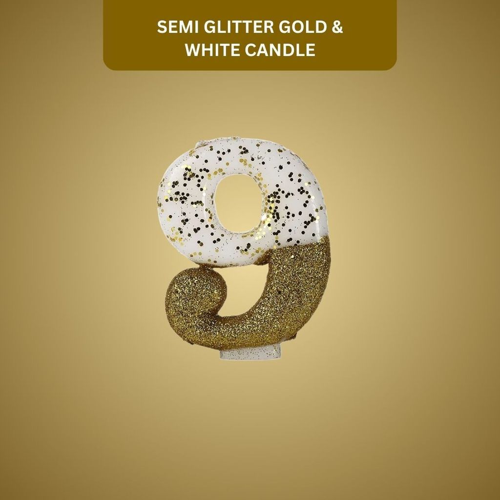 Number 9 Semi Glitter Gold & White Candle - 1PC - Party and Festive Needs | Buy online on ZillyBuy