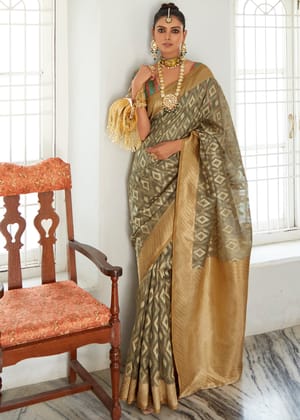 Fossil Grey Woven Banarasi Organza Silk Saree