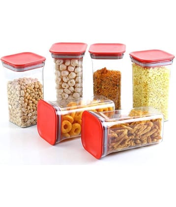 iview kitchenware Multi-Utility PET Food Storage Container for Pasta, Noodles, Namkeen, 1100ml each(6U), Red Lid
