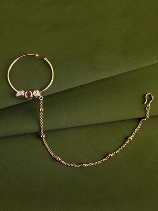 Gold-Plated Handcrafted Kundan Stone-Studded Chained Nose Ring