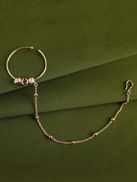 Gold-Plated Handcrafted Kundan Stone-Studded Chained Nose Ring