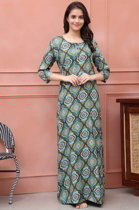 Green Color Abstract Printed Viscose Rayon Maxi Nightdress-M